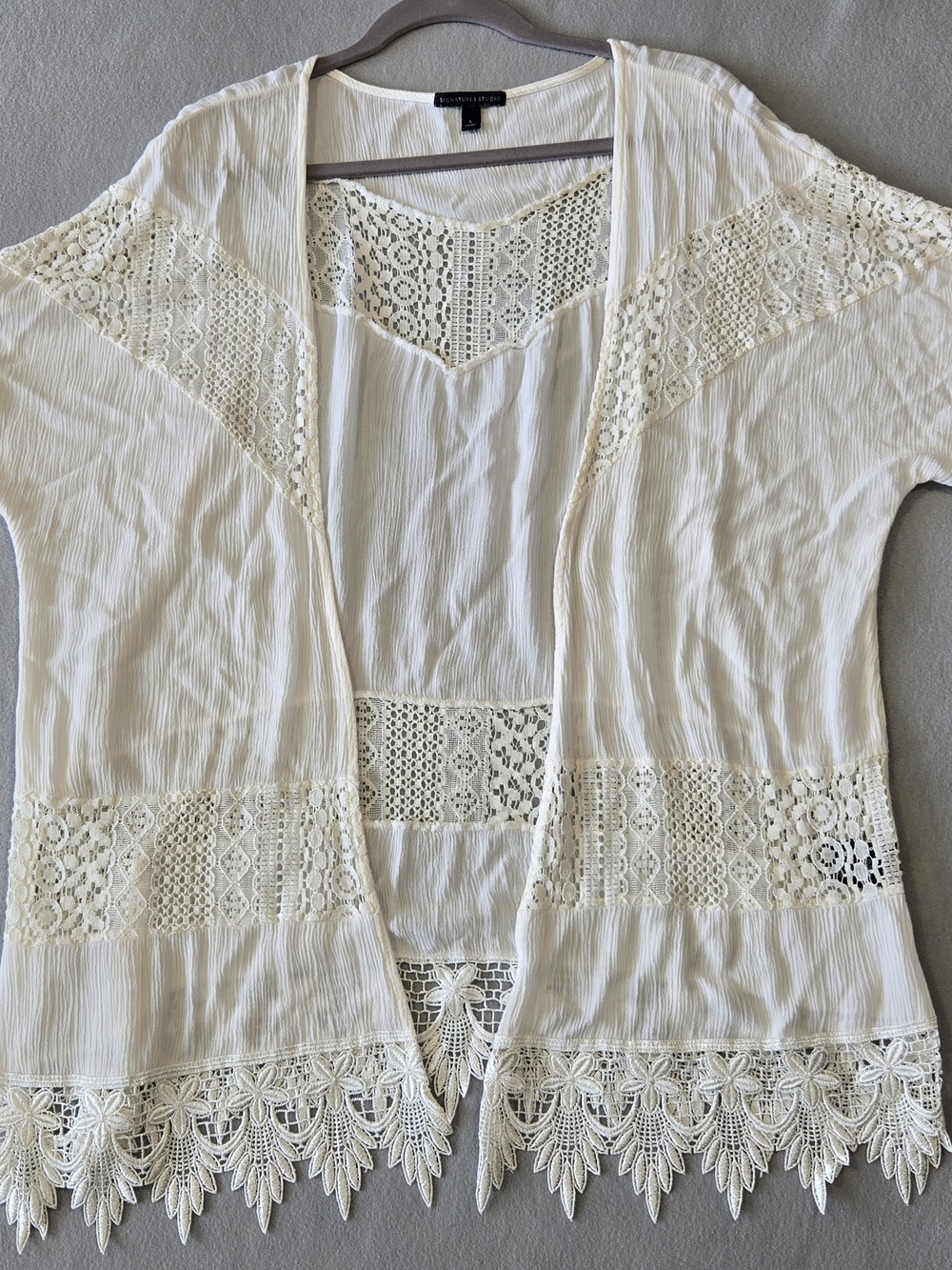 Signature Studio White Lace & Crochet Boho Kimono L